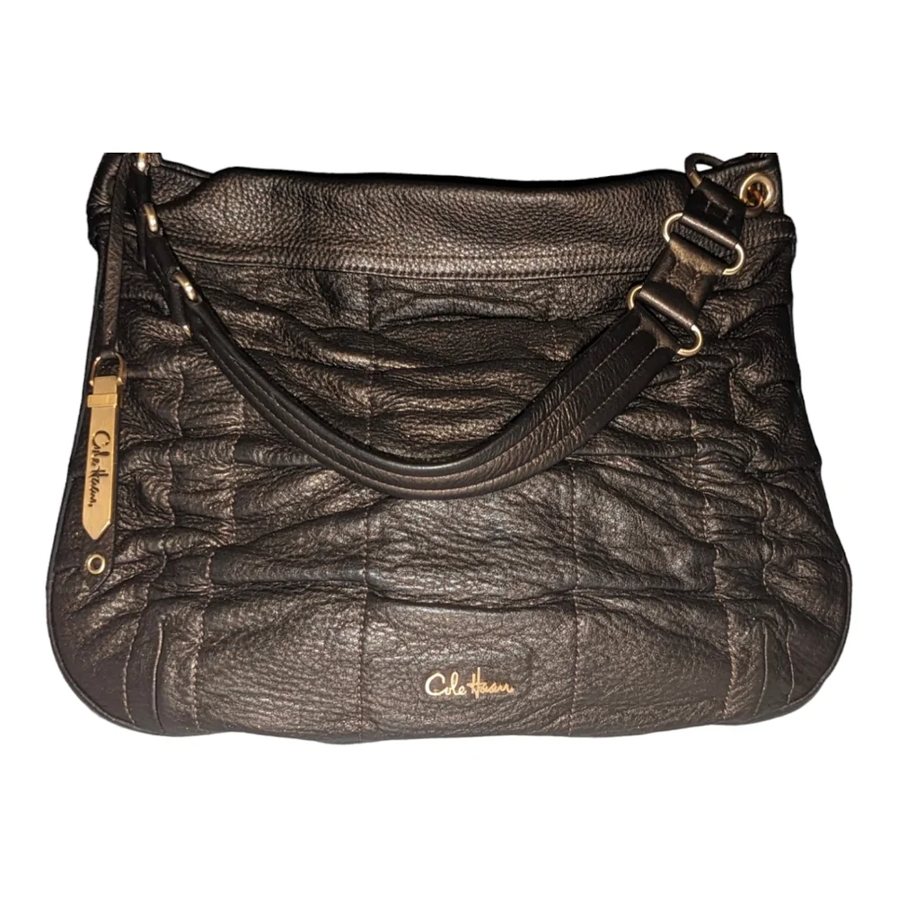 Cole Haan Bronze Brown Soft Pebbled Leather Ruched Shoulder Hobo Purse B…